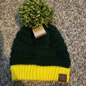 Beanie with Pom Pom - Dark Green and Bright Yellow